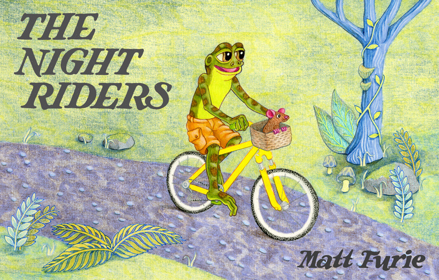 The Night Riders by Matt Furie, 2012 — a frog rides a yellow bike with a mouse in the basket